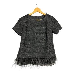 Cocktail Blouse Shirt Top Feather Trim Black Party Formal Holiday Deletta Small